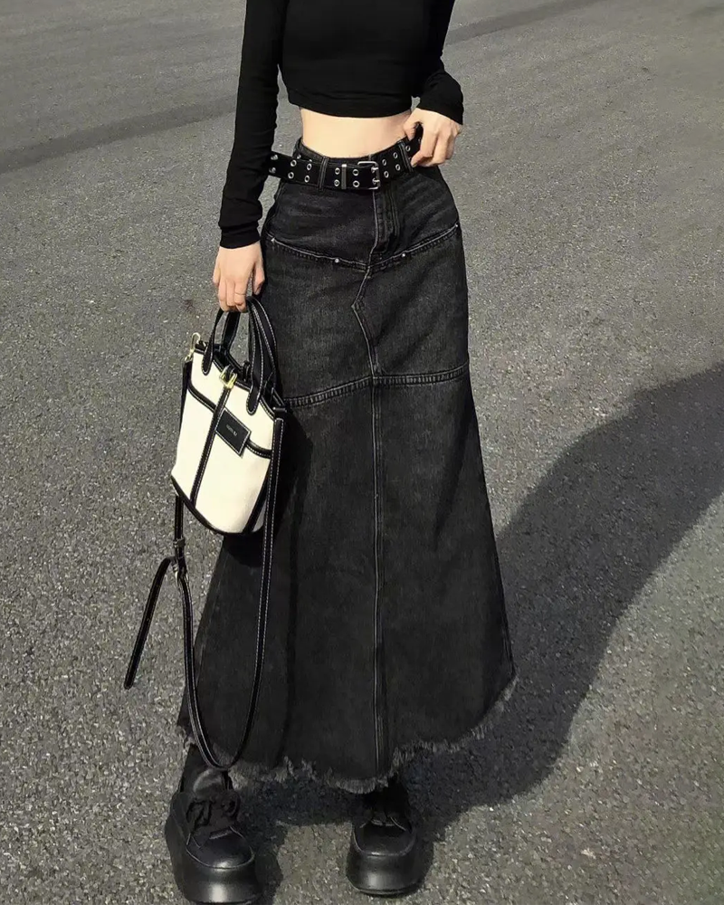 Long Black Denim Skirt Y2K Wave