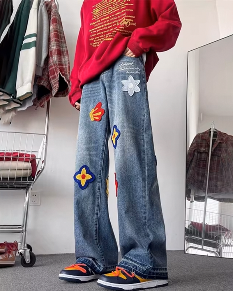 Flower Embroidered Jeans Men