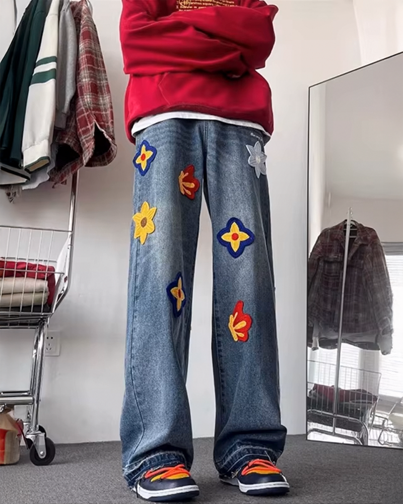 Flower Embroidered Jeans Men