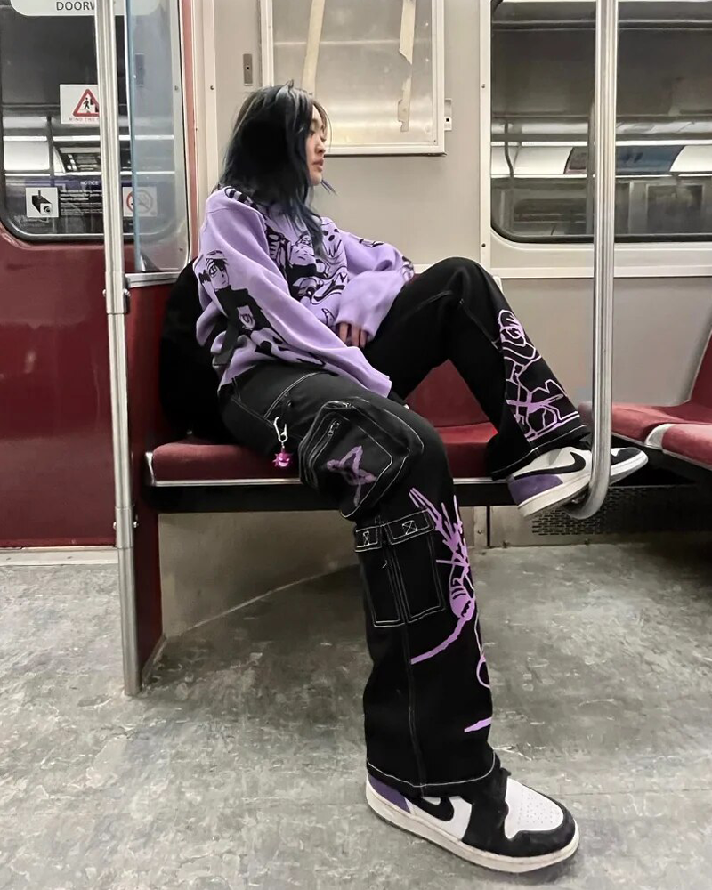 Black And Purple Cargo Pants
