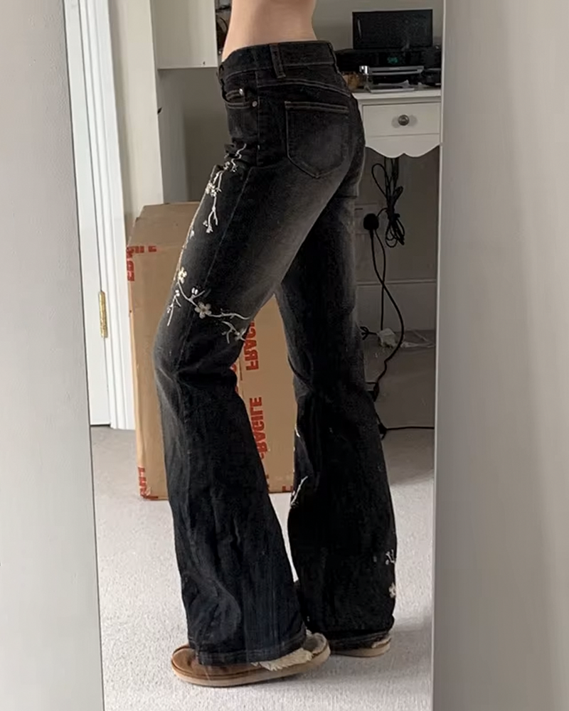 Floral Embroidered Flare Jeans