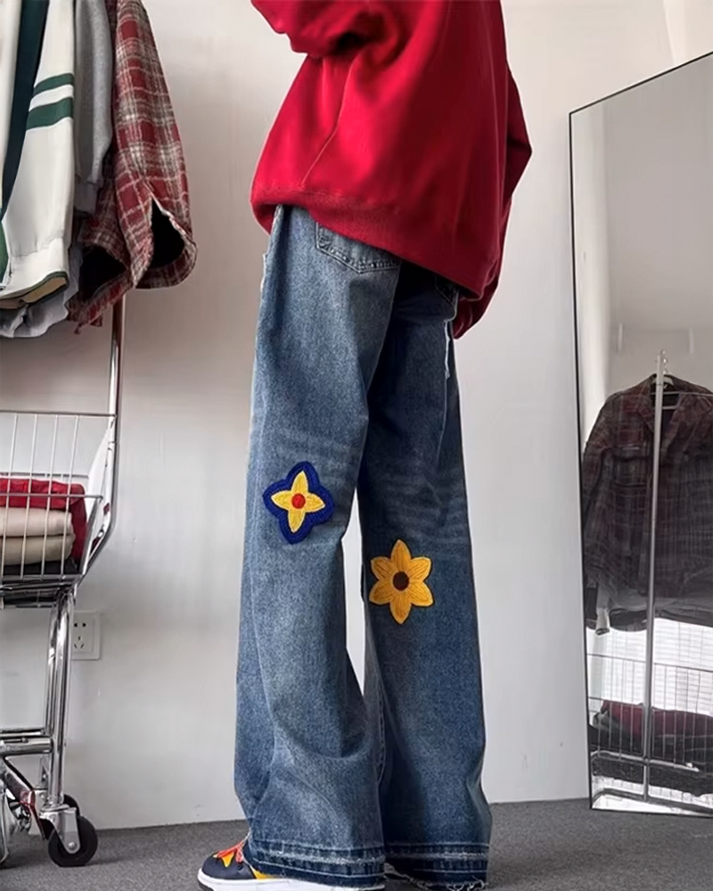 Flower Embroidered Jeans Men
