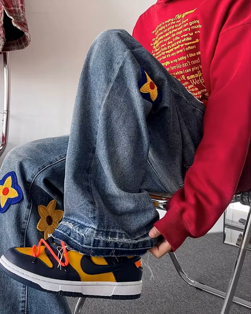 Flower Embroidered Jeans Men