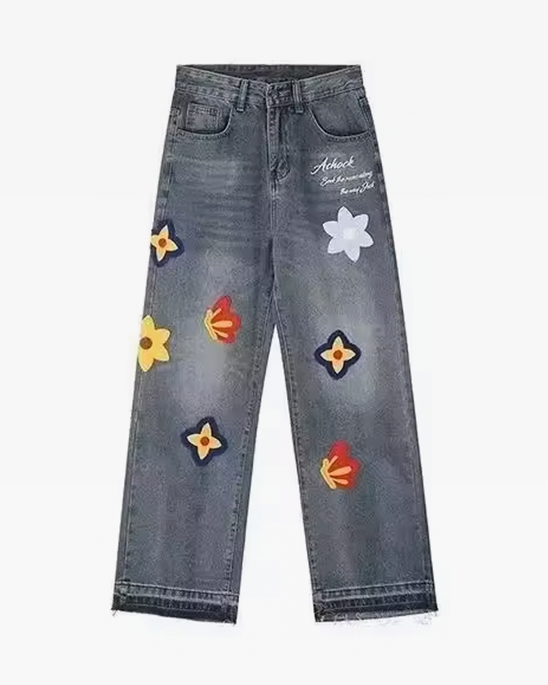 Flower Embroidered Jeans Men