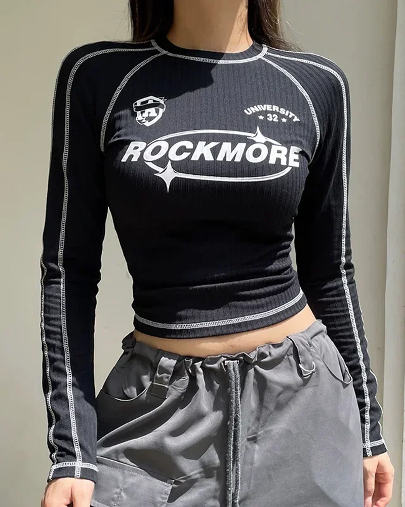 Long Sleeve Cropped Black Top | Y2K Wave