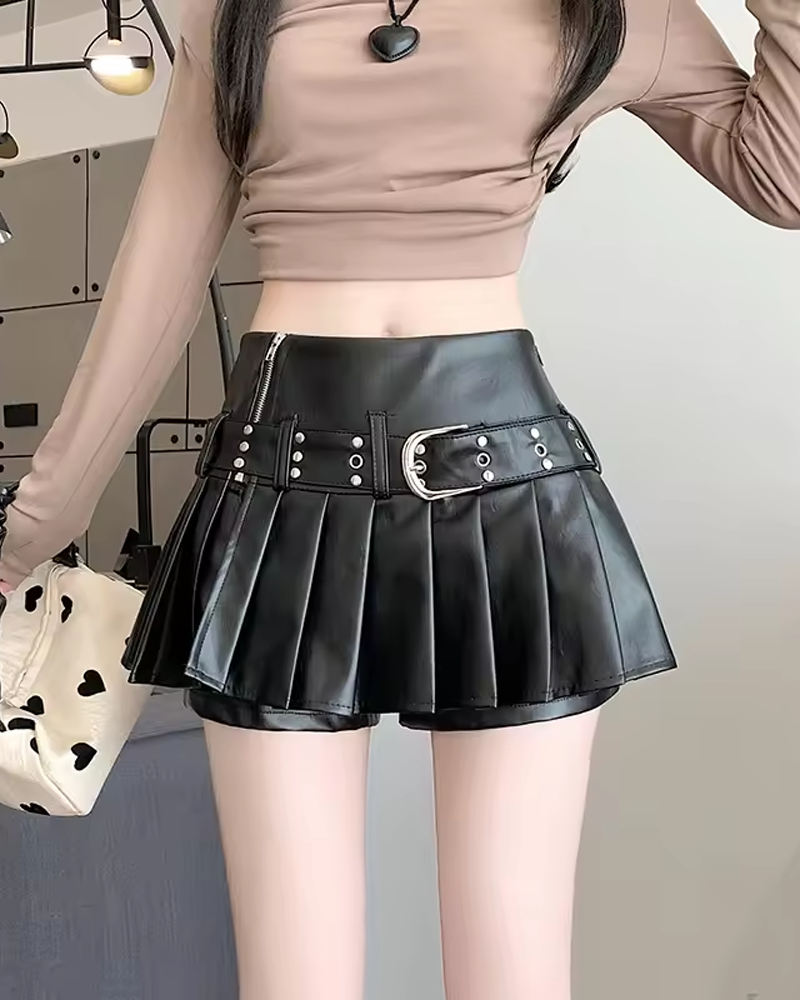 Black Leather Pleated Mini Skirt
