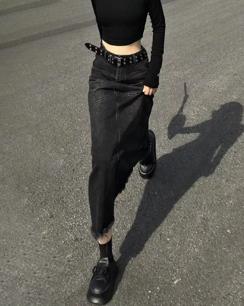 Long Black Denim Skirt