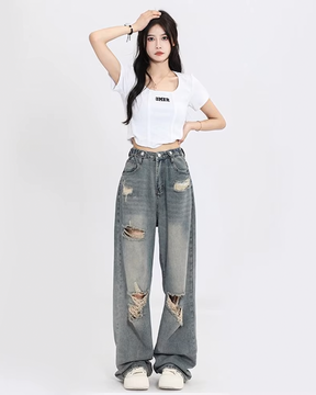 Womens Baggy Distressed Jeans