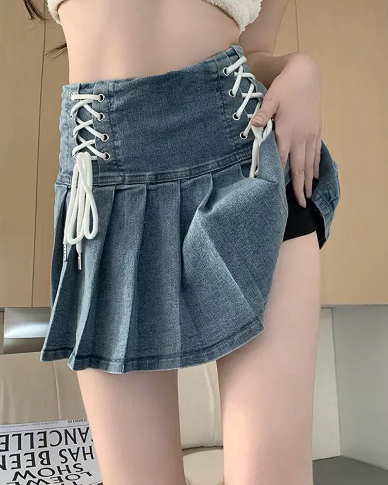 Denim Pleated Mini Skirt