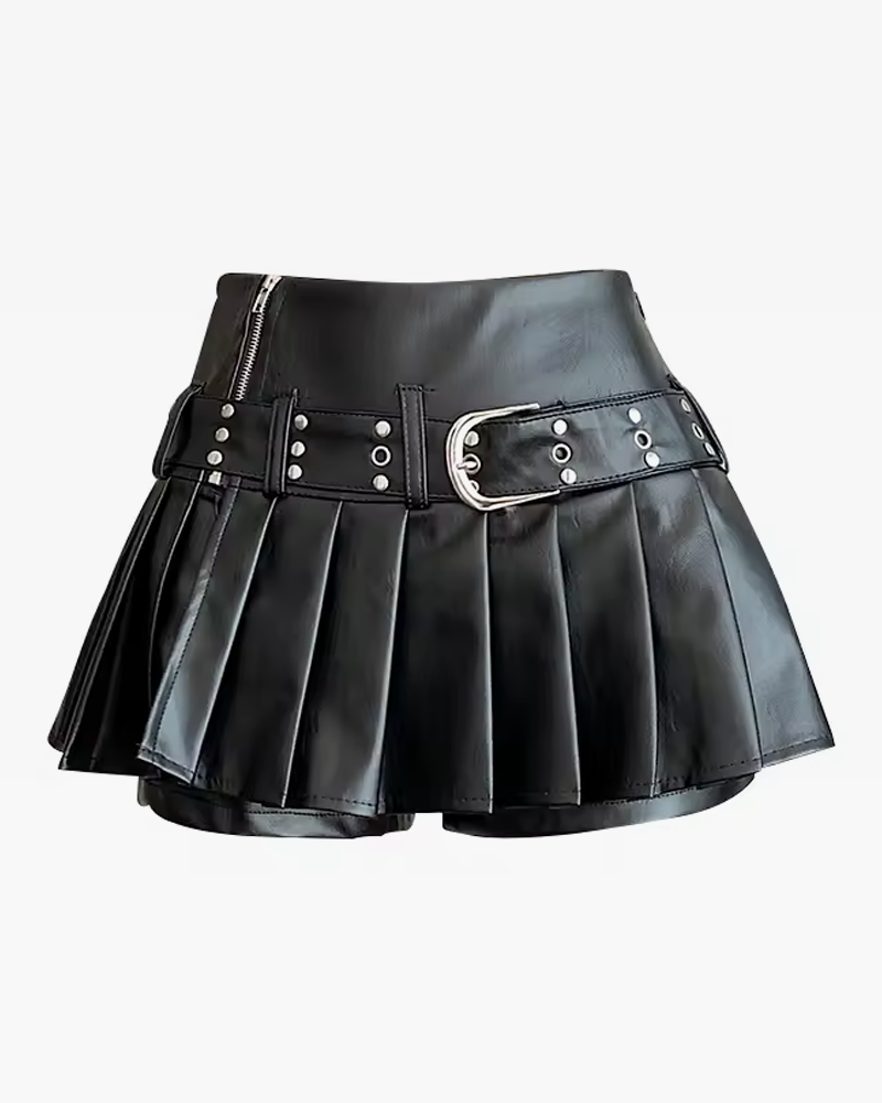 Black Leather Pleated Mini Skirt